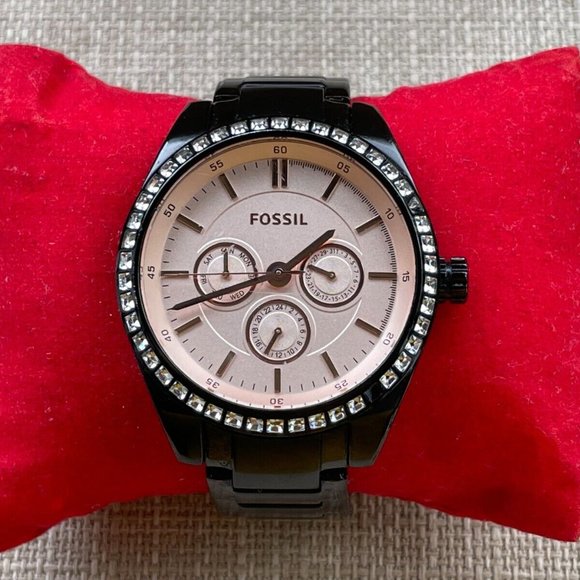 Fossil Ladies Wristwatch Crystals Accent Bezel Black Tone Quartz Multi-function - Picture 2 of 11